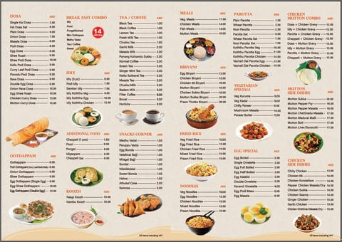 Indian restaurant menu with colorful photos of various curries, breads, appetizers, rice dishes, and specialties organized by category with prices listed