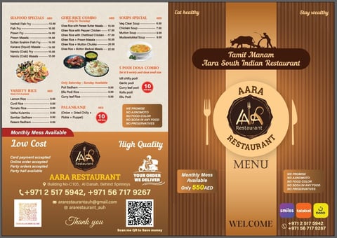 Aara South Indian Restaurant menu and promotional flyer featuring dishes, pricing, contact details, and quality assurance information